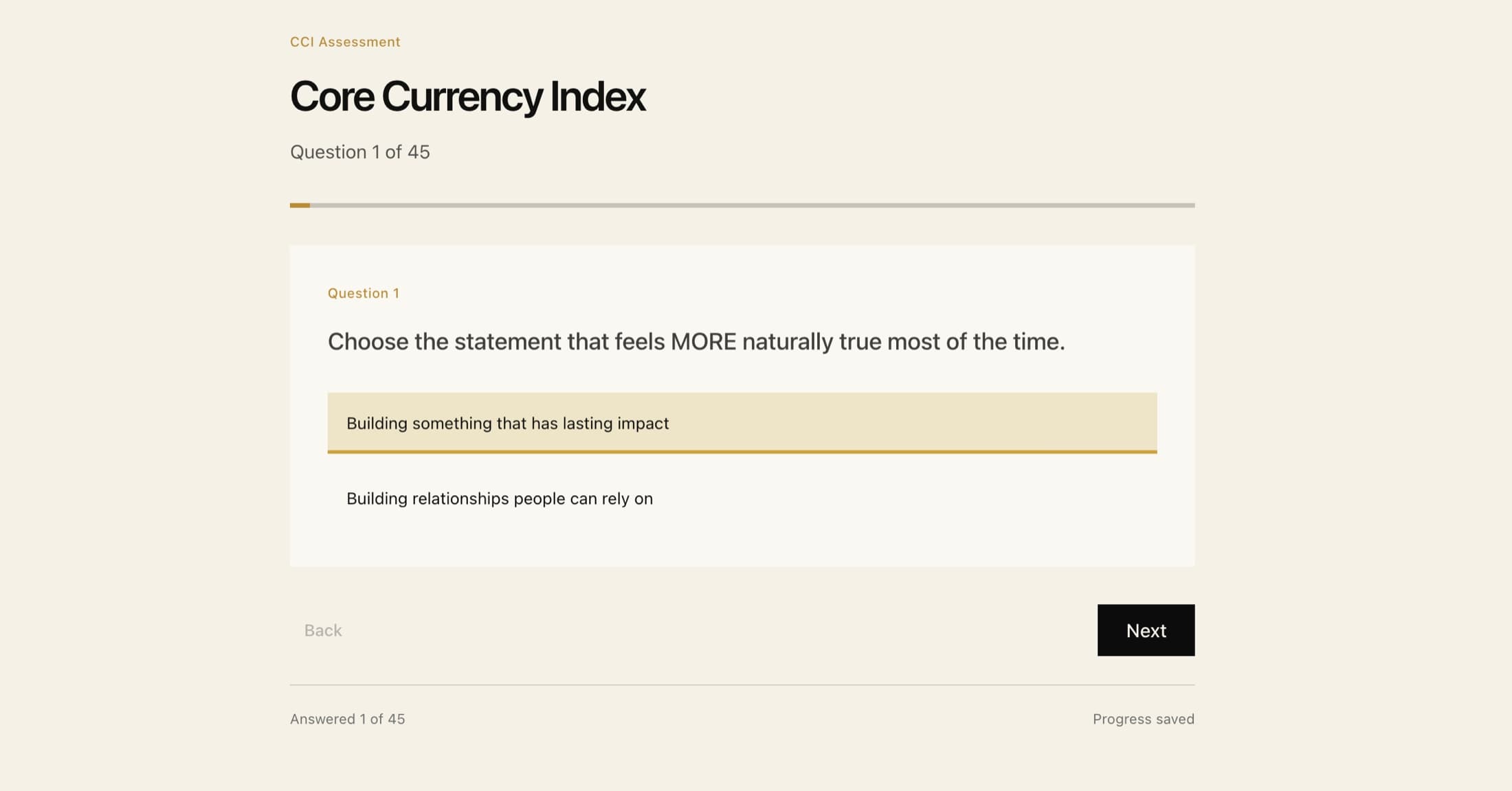 Core Currency Index assessment question with paired motivational statements and saved progress