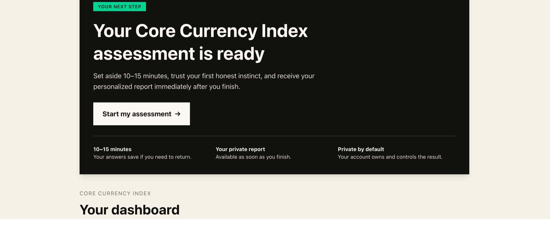 Core Currency Index dashboard inviting a user to begin a private assessment
