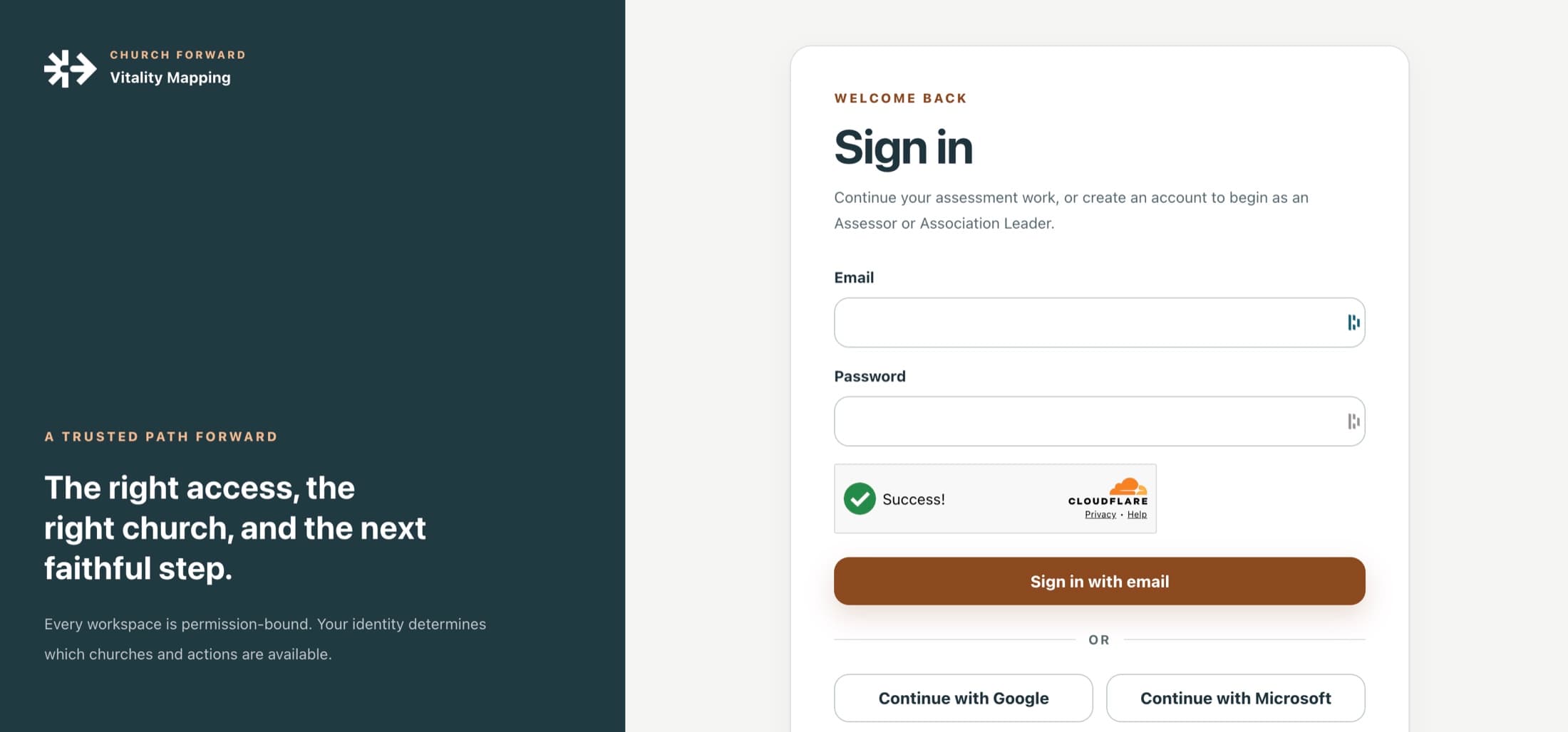Vitality Mapping sign-in screen with permission-focused account access